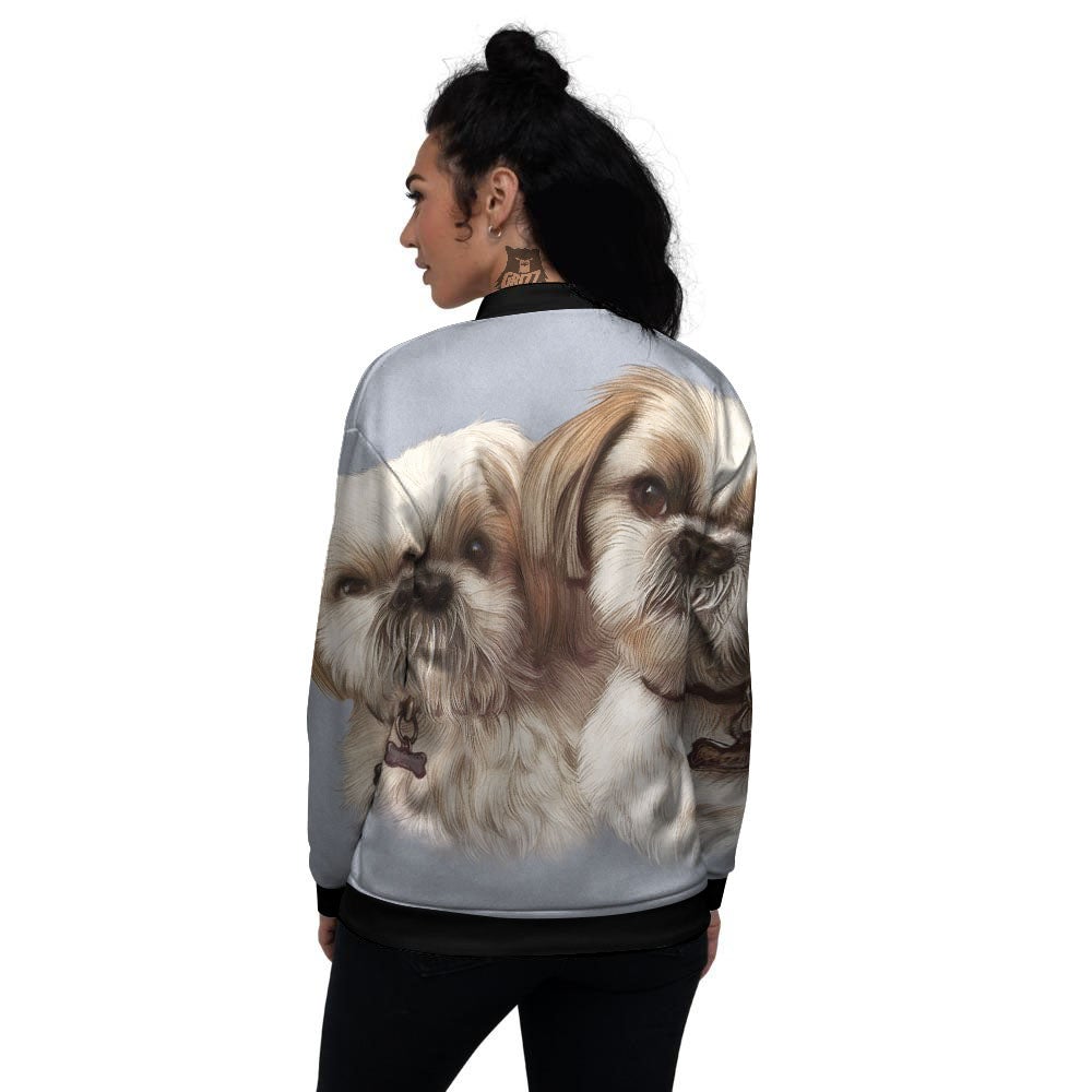 Portrait Shih Tzu Print Women's Bomber Jacket-grizzshop