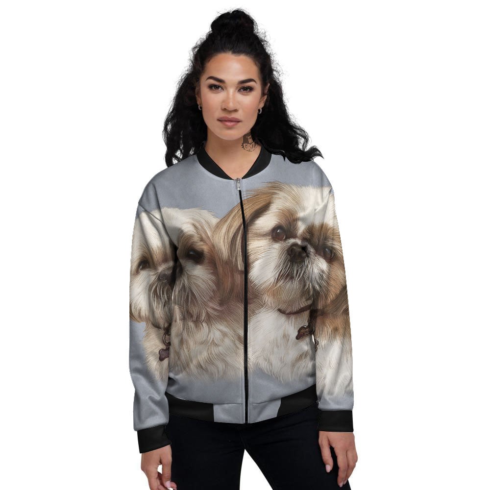 Portrait Shih Tzu Print Women's Bomber Jacket-grizzshop