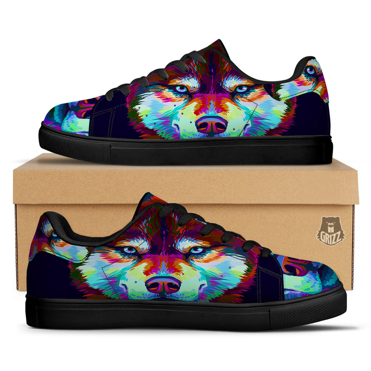 Portrait Siberian Husky Print Black Low Top Sneakers-grizzshop