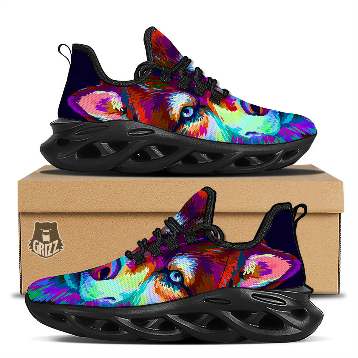 Portrait Siberian Husky Print Black Running Shoes-grizzshop