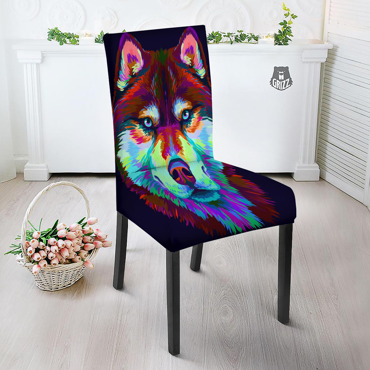Portrait Siberian Husky Print Dining Chair Slipcover-grizzshop
