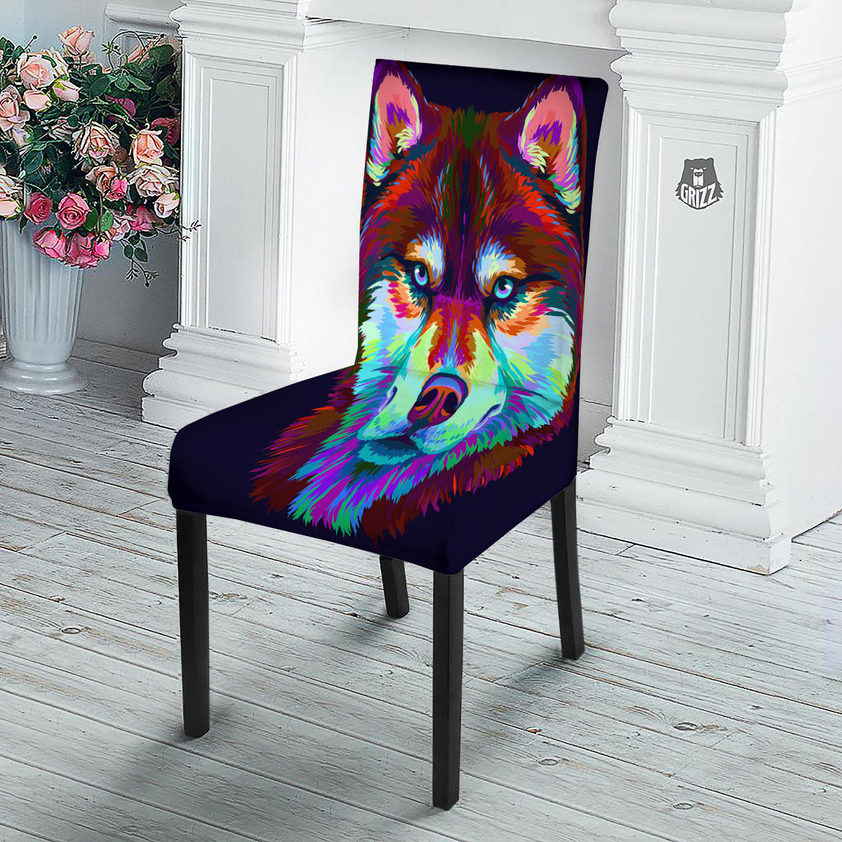 Portrait Siberian Husky Print Dining Chair Slipcover-grizzshop
