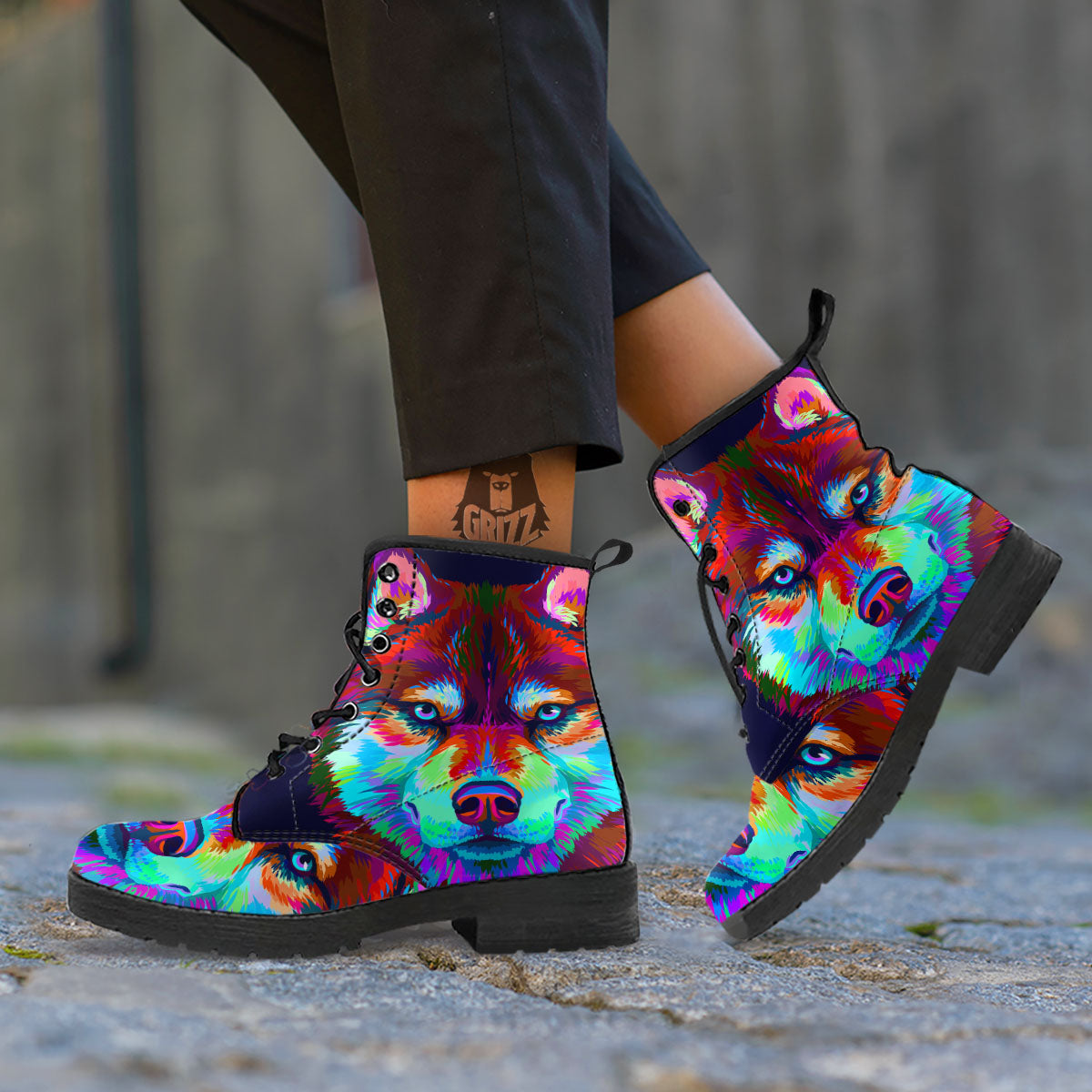 Portrait Siberian Husky Print Leather Boots-grizzshop