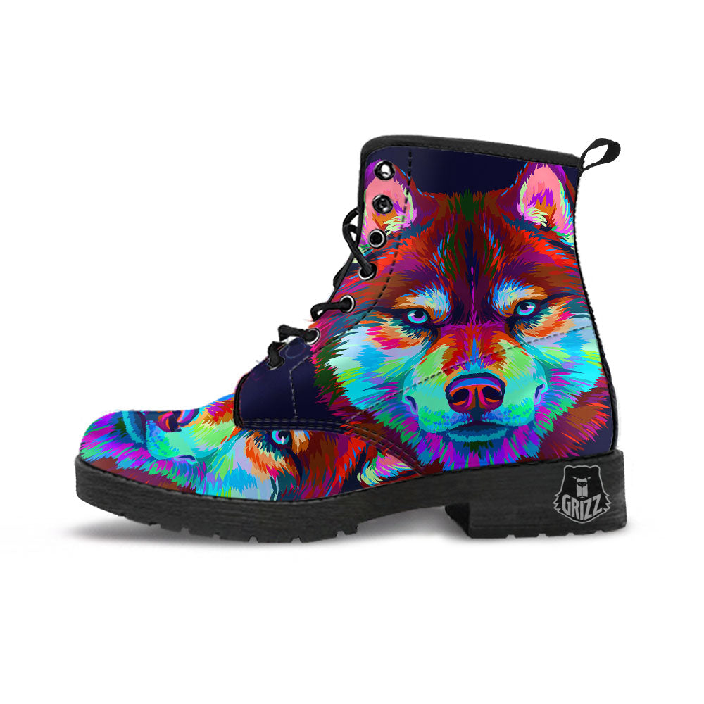 Portrait Siberian Husky Print Leather Boots-grizzshop