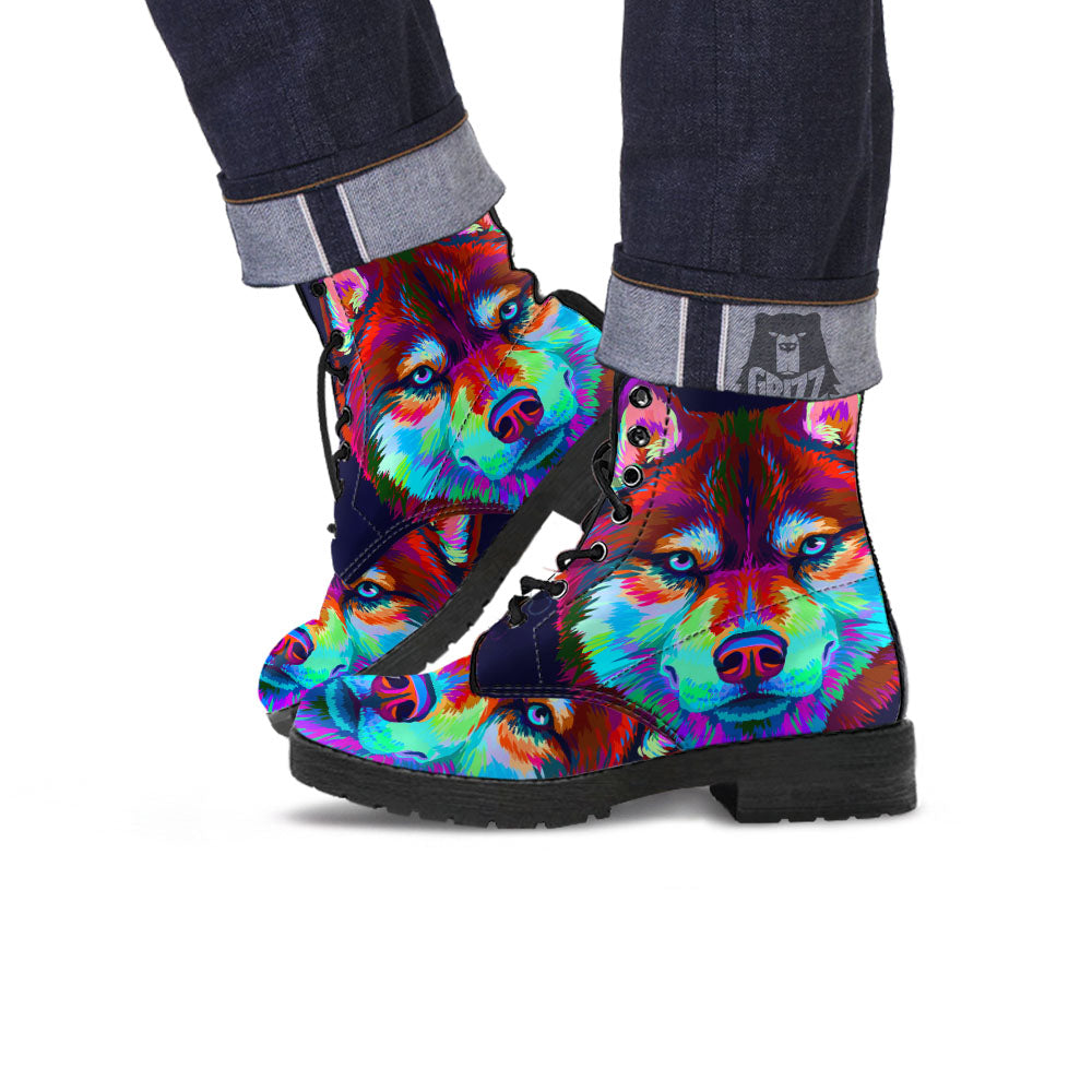 Portrait Siberian Husky Print Leather Boots-grizzshop
