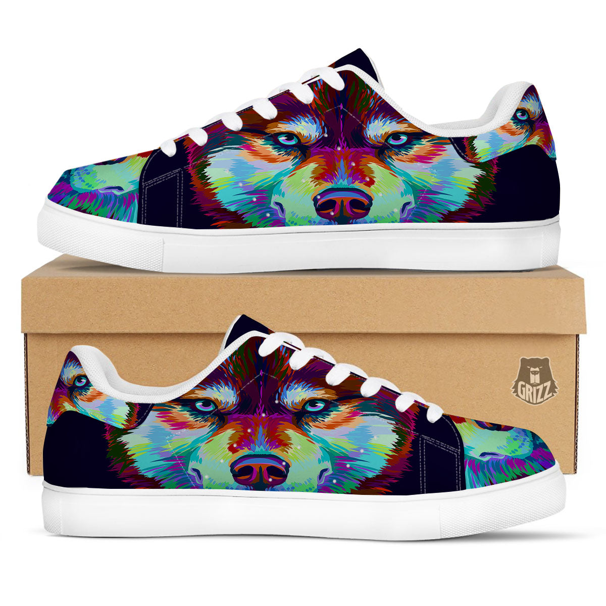 Portrait Siberian Husky Print White Low Top Sneakers-grizzshop