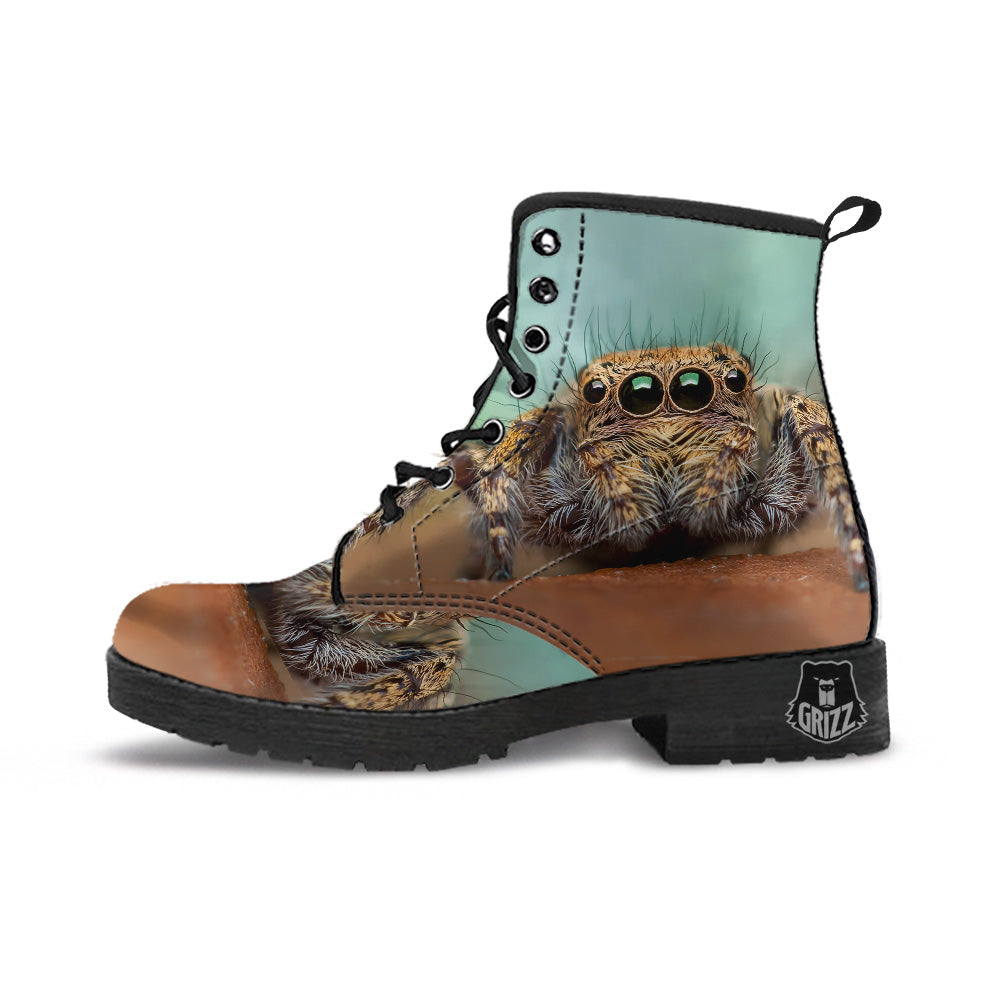 Portrait Spider Print Leather Boots-grizzshop