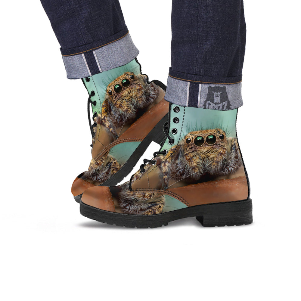 Portrait Spider Print Leather Boots-grizzshop