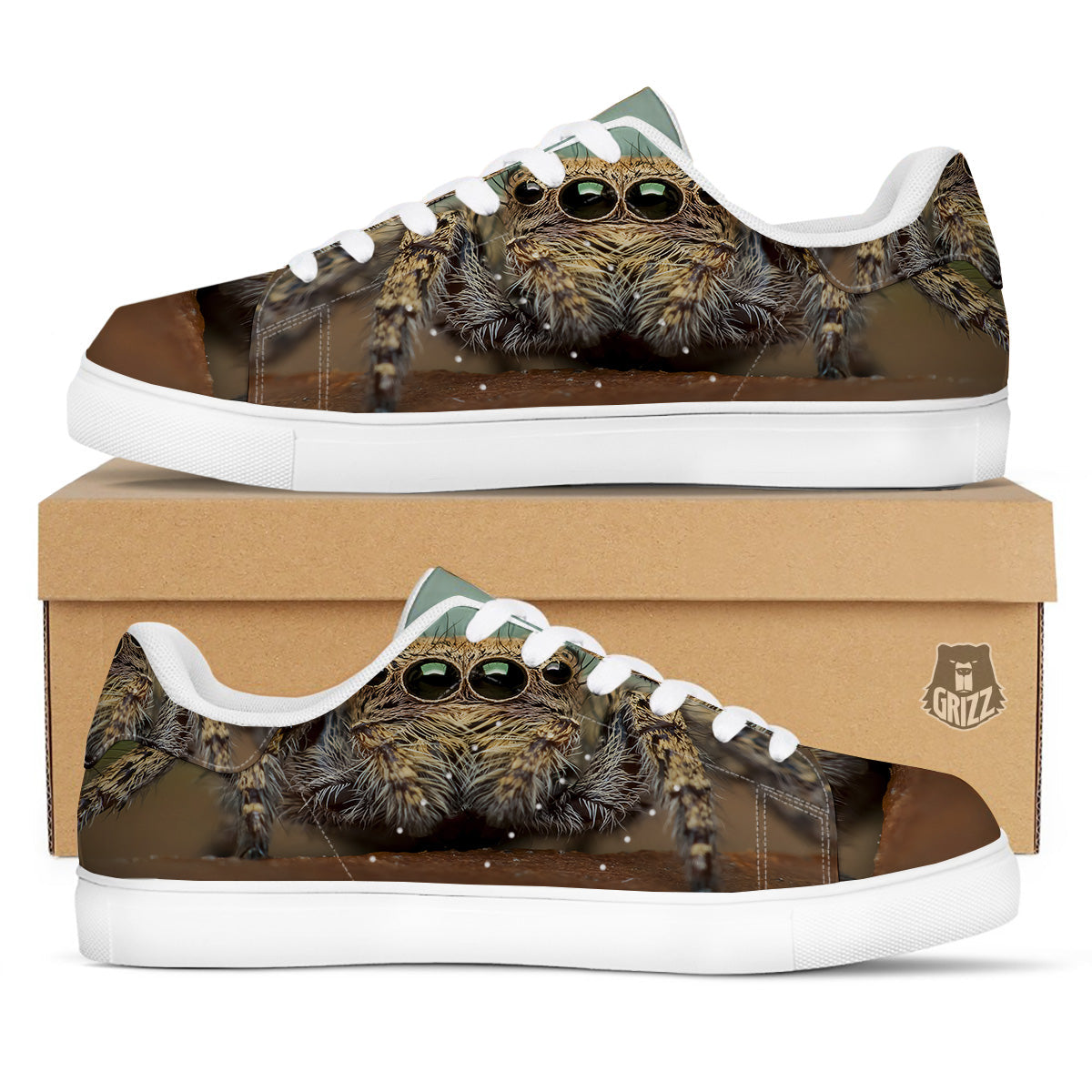 Portrait Spider Print White Low Top Sneakers-grizzshop