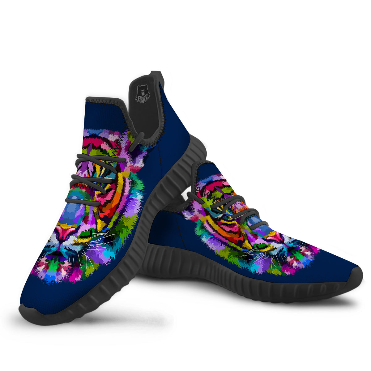 Portrait Tiger Colorful Print Black Walking Shoes-grizzshop