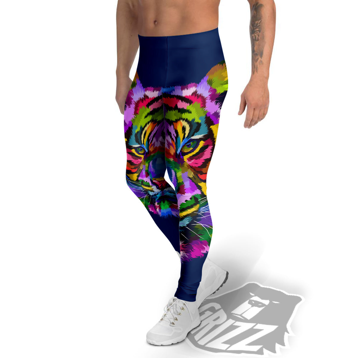 Portrait Tiger Colorful Print Men's Leggings-grizzshop