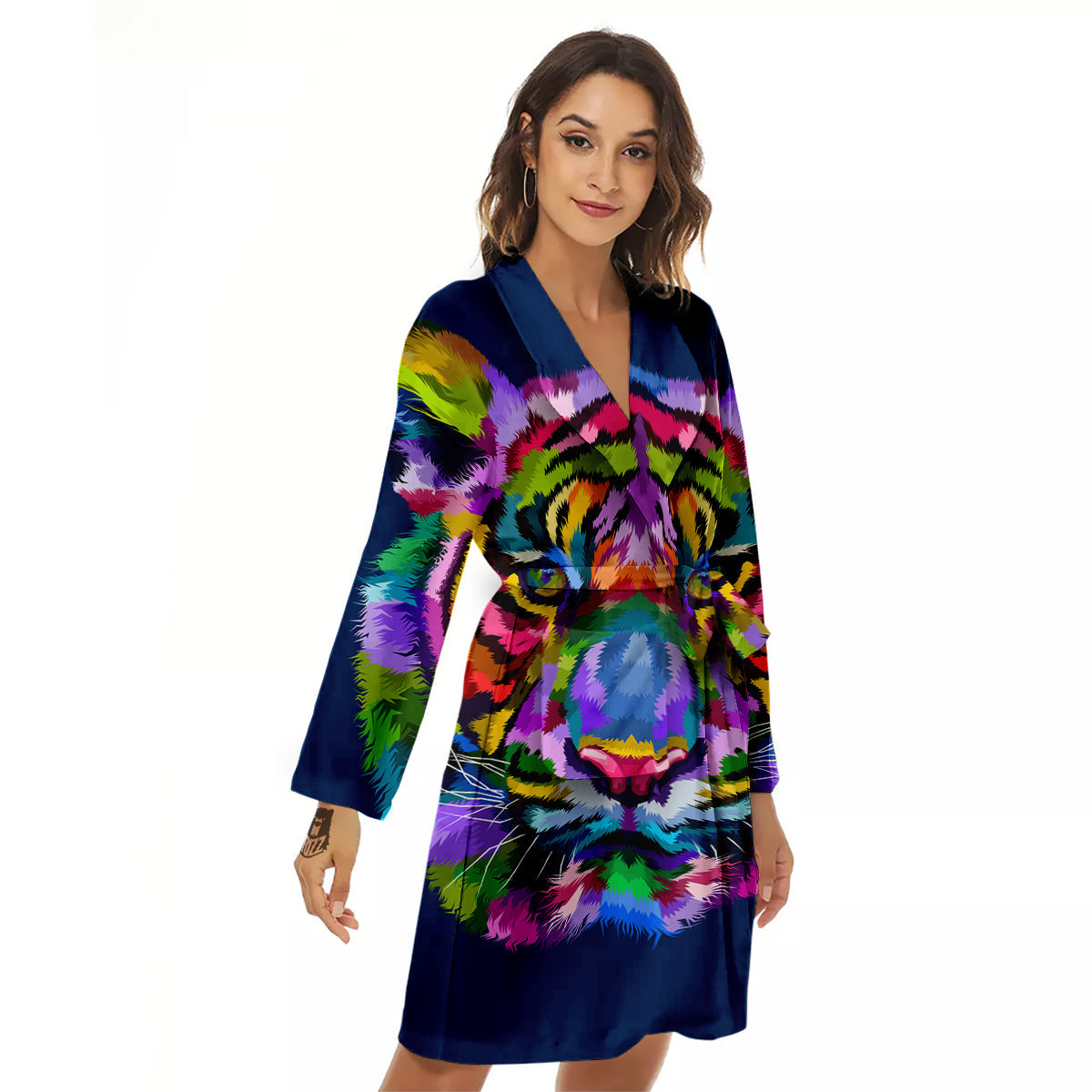 Portrait Tiger Colorful Print Women's Robe-grizzshop