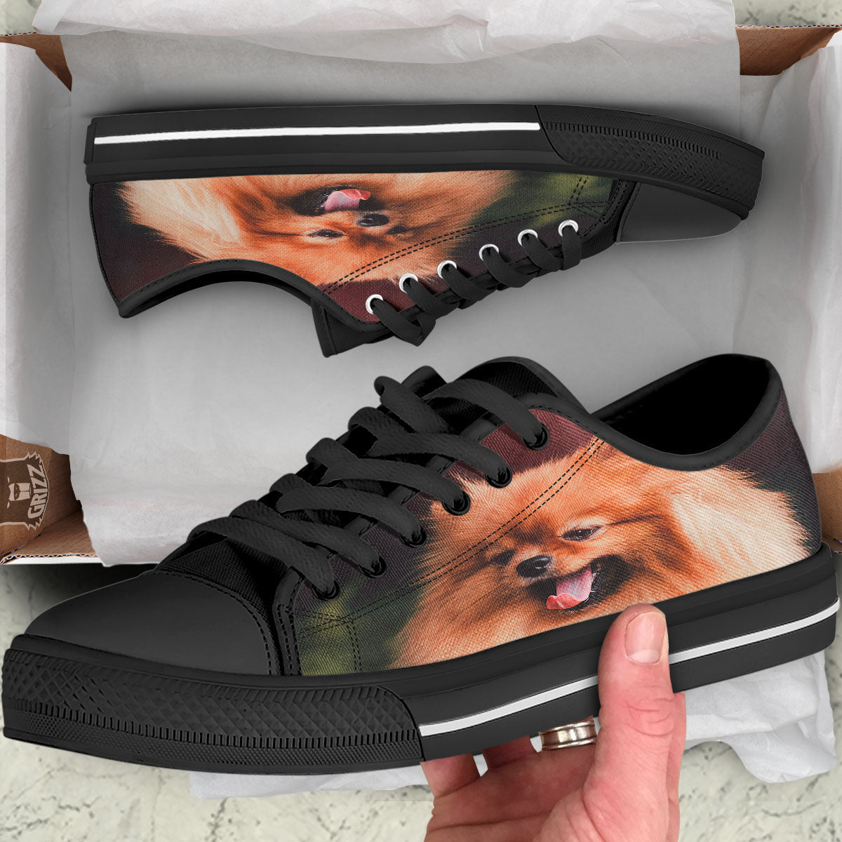 Portrait Vintage Pomeranian Black Low Top Shoes-grizzshop