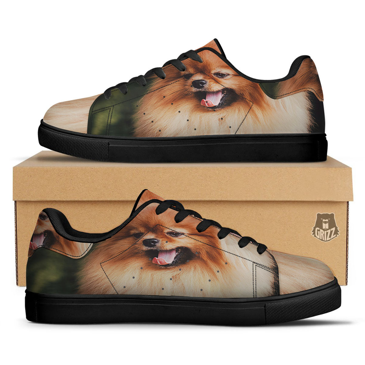Portrait Vintage Pomeranian Black Low Top Sneakers-grizzshop