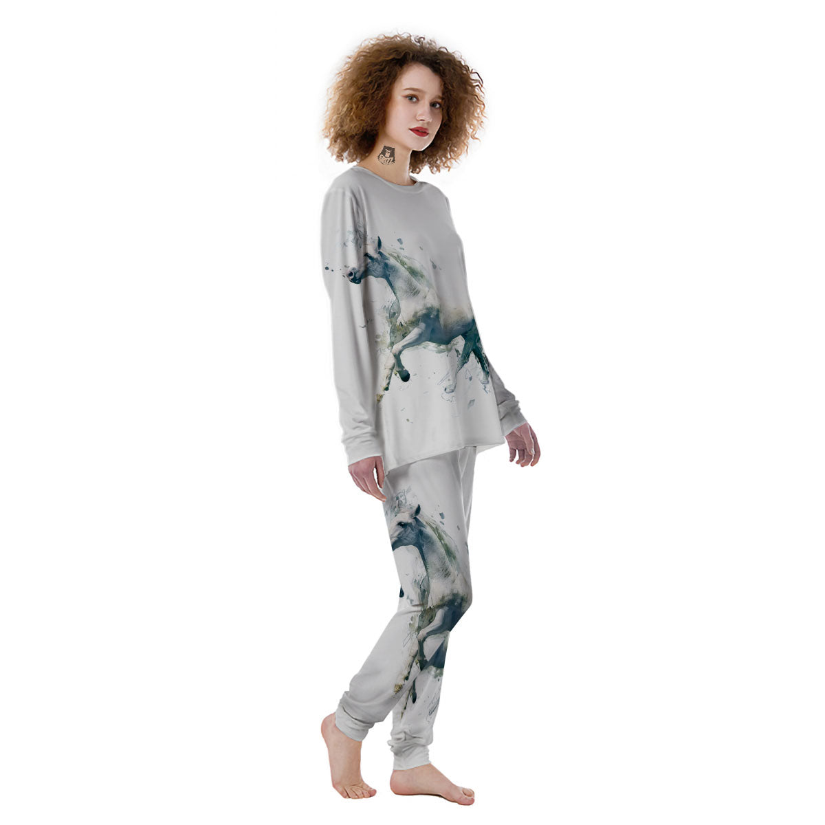 Portrait White Horse Print Women's Pajamas-grizzshop