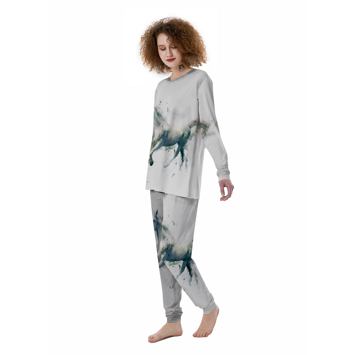 Portrait White Horse Print Women's Pajamas-grizzshop