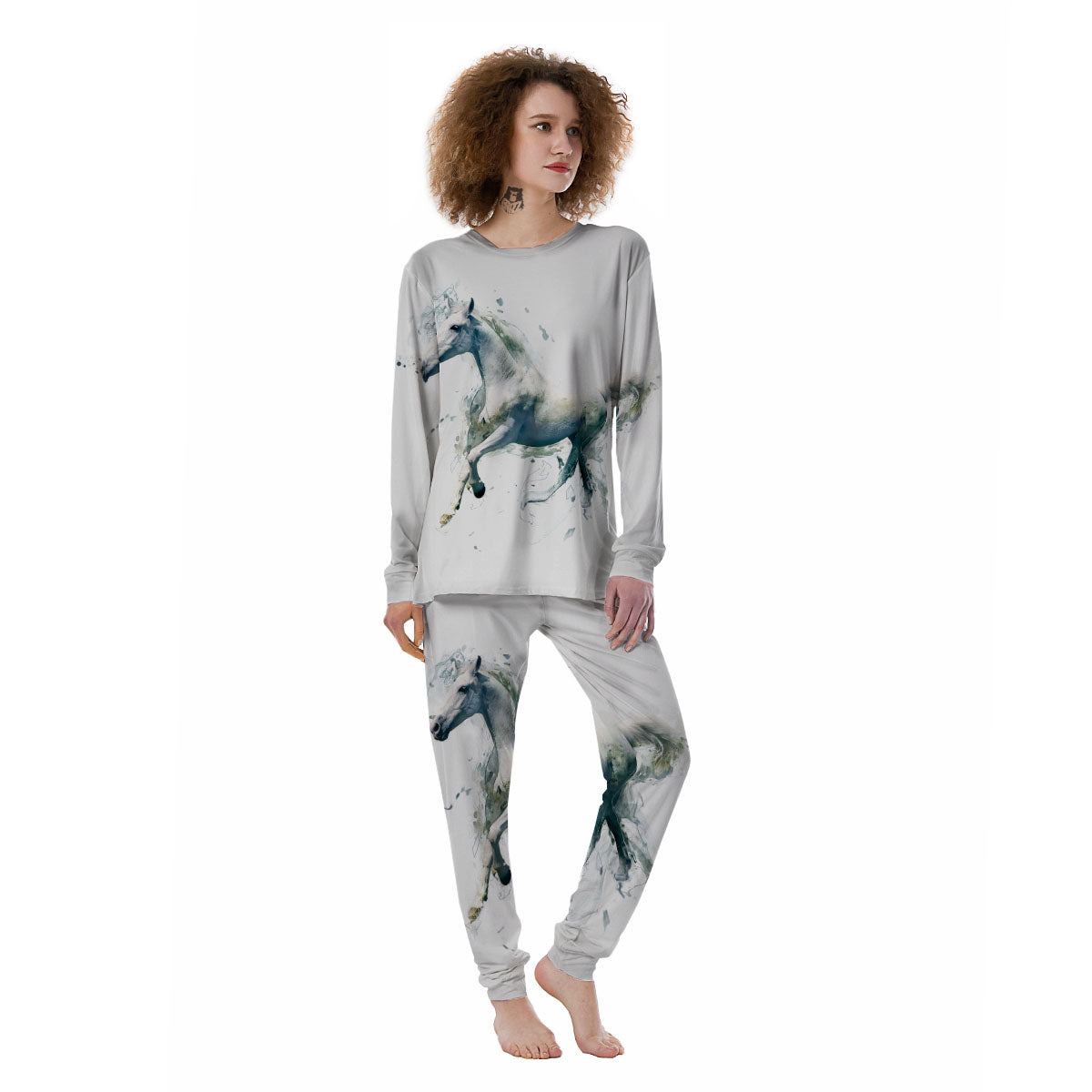 Portrait White Horse Print Women's Pajamas-grizzshop