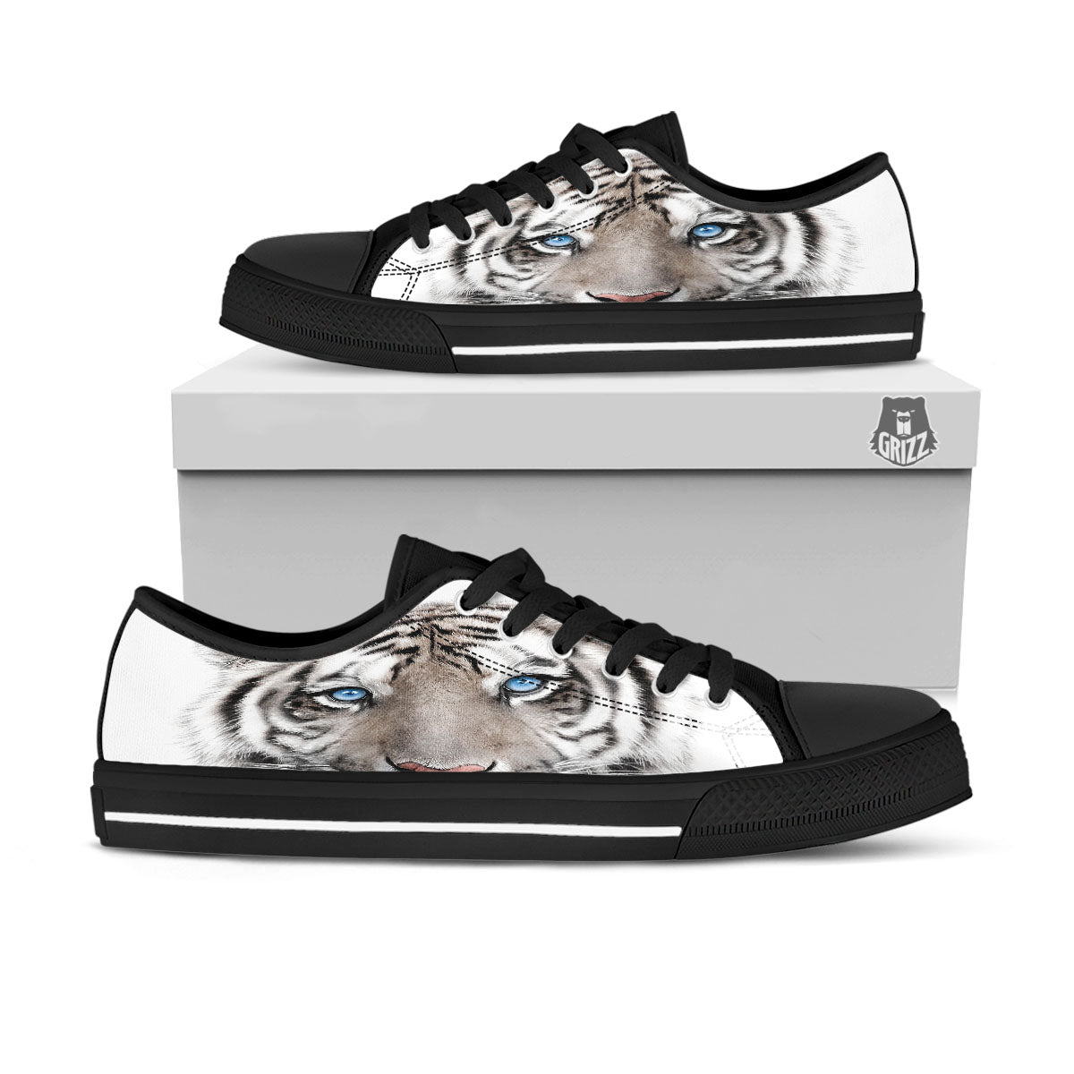 Portrait White Tiger Print Black Low Top Shoes-grizzshop
