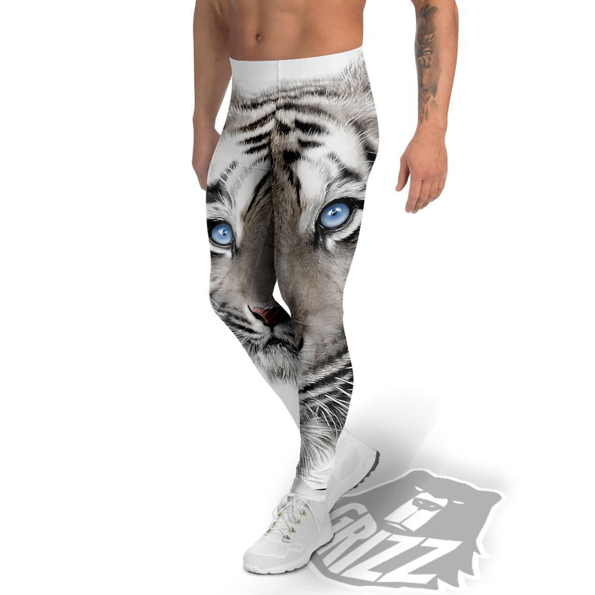 Portrait White Tiger Print Men's Leggings-grizzshop