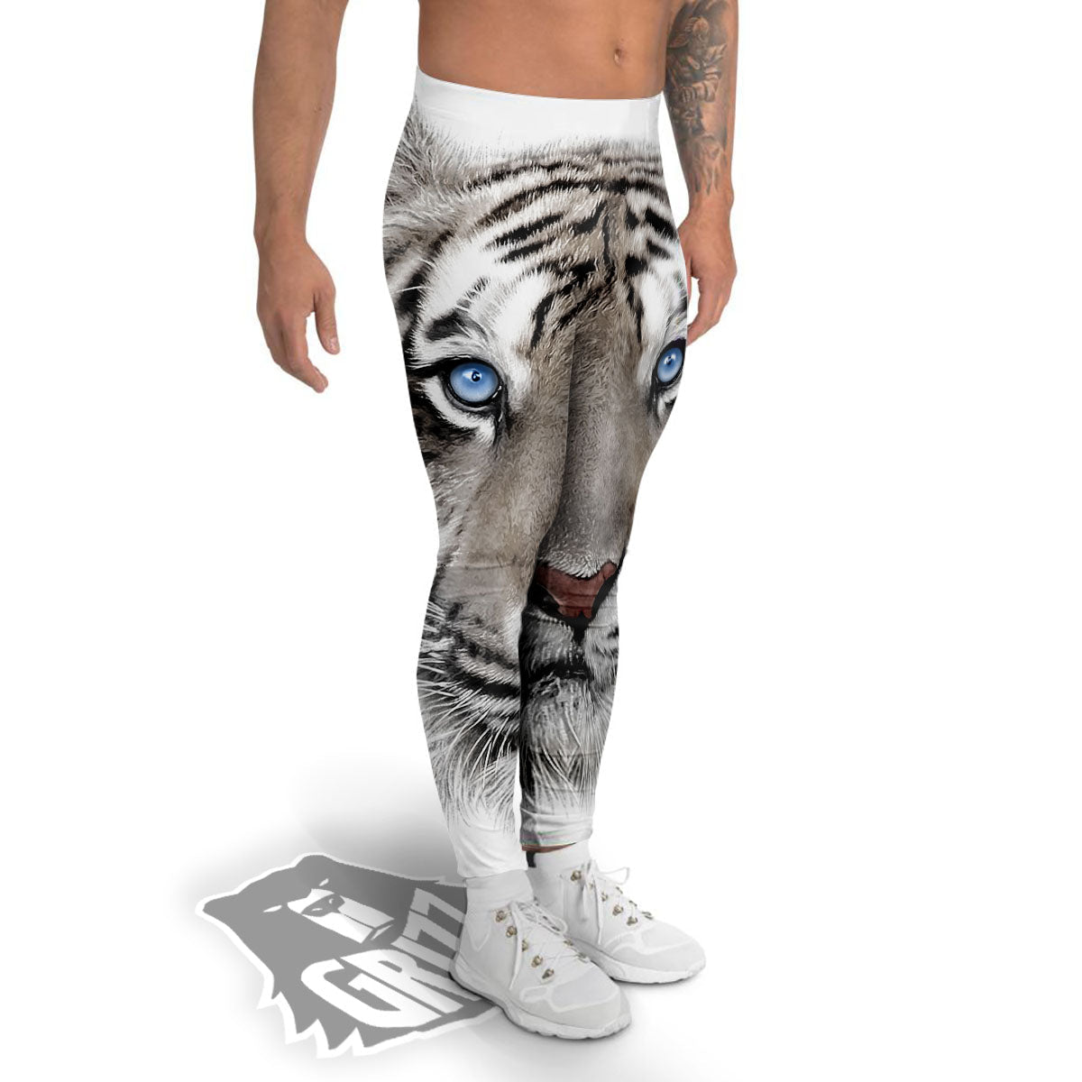 Portrait White Tiger Print Men's Leggings-grizzshop