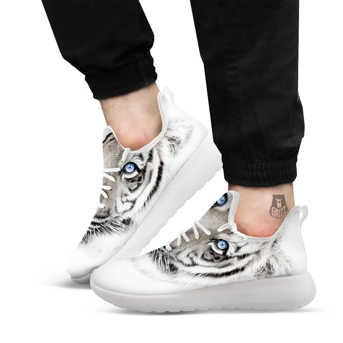 Portrait White Tiger Print White Athletic Shoes-grizzshop