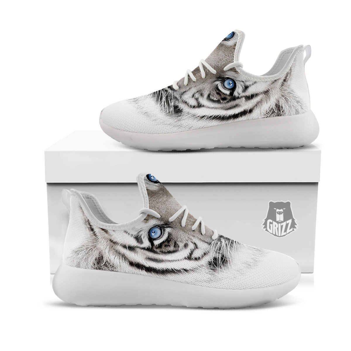 Portrait White Tiger Print White Athletic Shoes-grizzshop