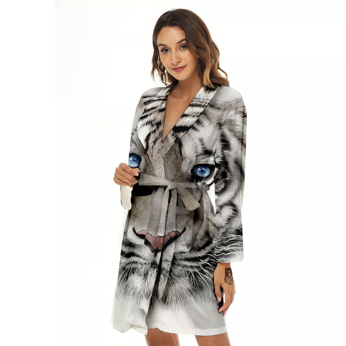 Portrait White Tiger Print Women's Robe-grizzshop