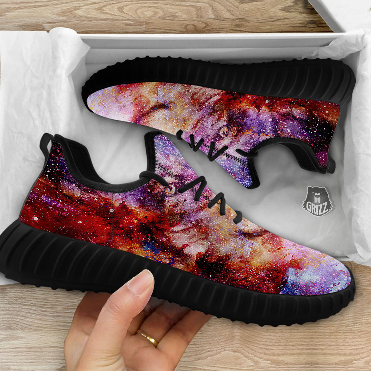 Portrait Wolf Galaxy Print Black Walking Shoes-grizzshop