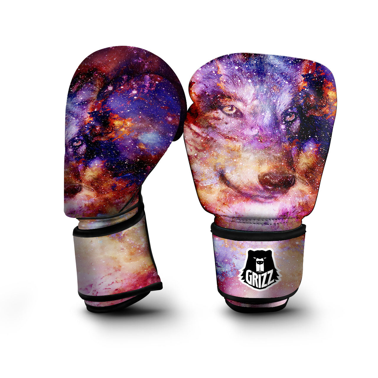 Portrait Wolf Galaxy Print Boxing Gloves-grizzshop