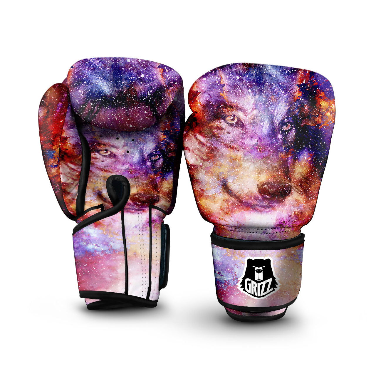 Portrait Wolf Galaxy Print Boxing Gloves-grizzshop