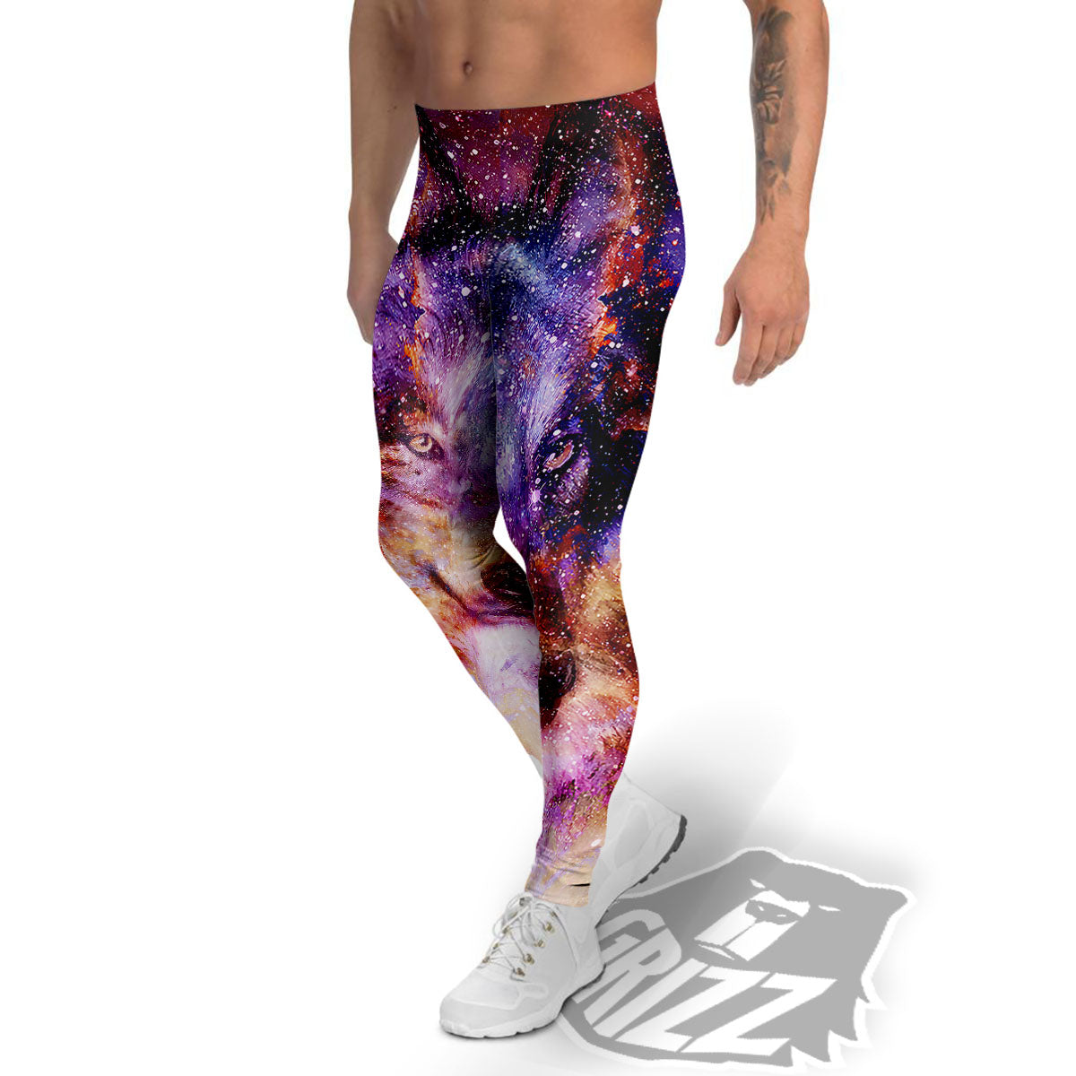 Portrait Wolf Galaxy Print Men's Leggings-grizzshop