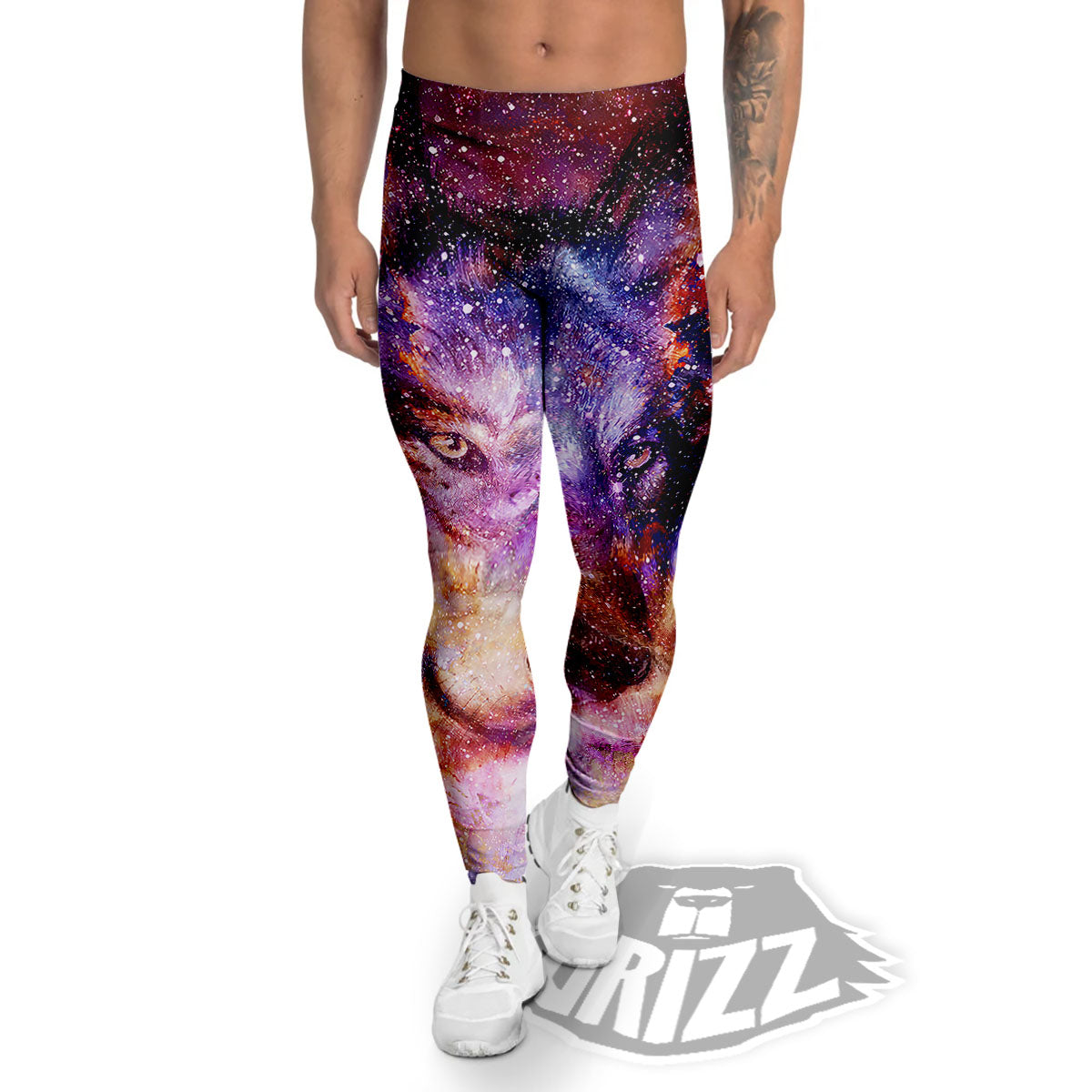 Portrait Wolf Galaxy Print Men's Leggings-grizzshop