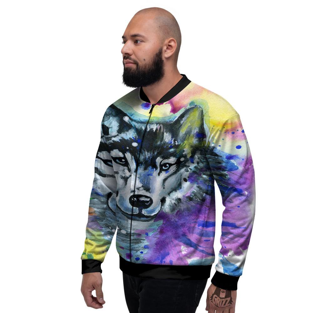 Portrait Wolf Watercolor Print Men's Bomber Jacket-grizzshop