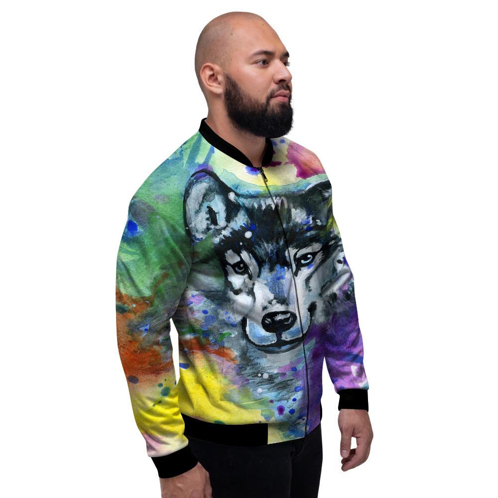 Portrait Wolf Watercolor Print Men's Bomber Jacket-grizzshop