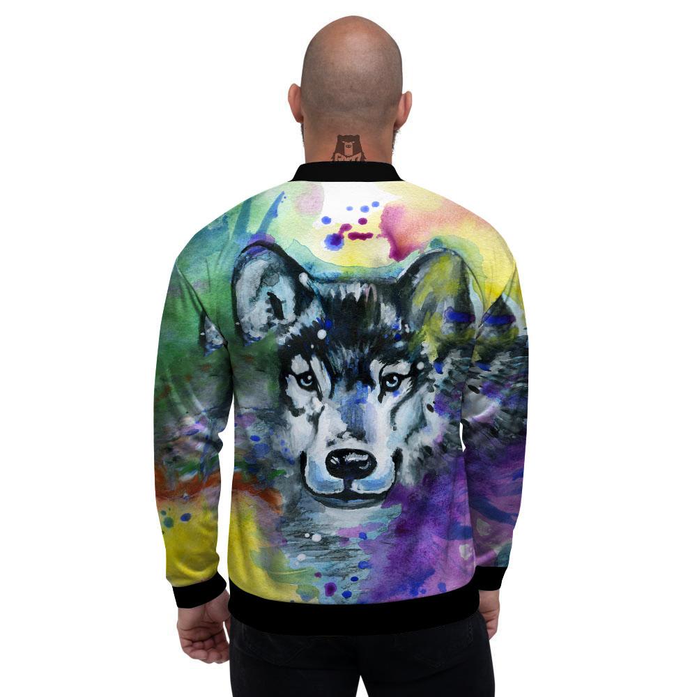 Portrait Wolf Watercolor Print Men's Bomber Jacket-grizzshop
