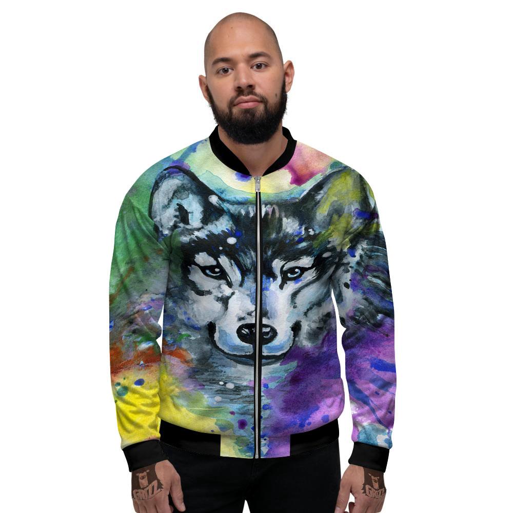 Portrait Wolf Watercolor Print Men's Bomber Jacket-grizzshop
