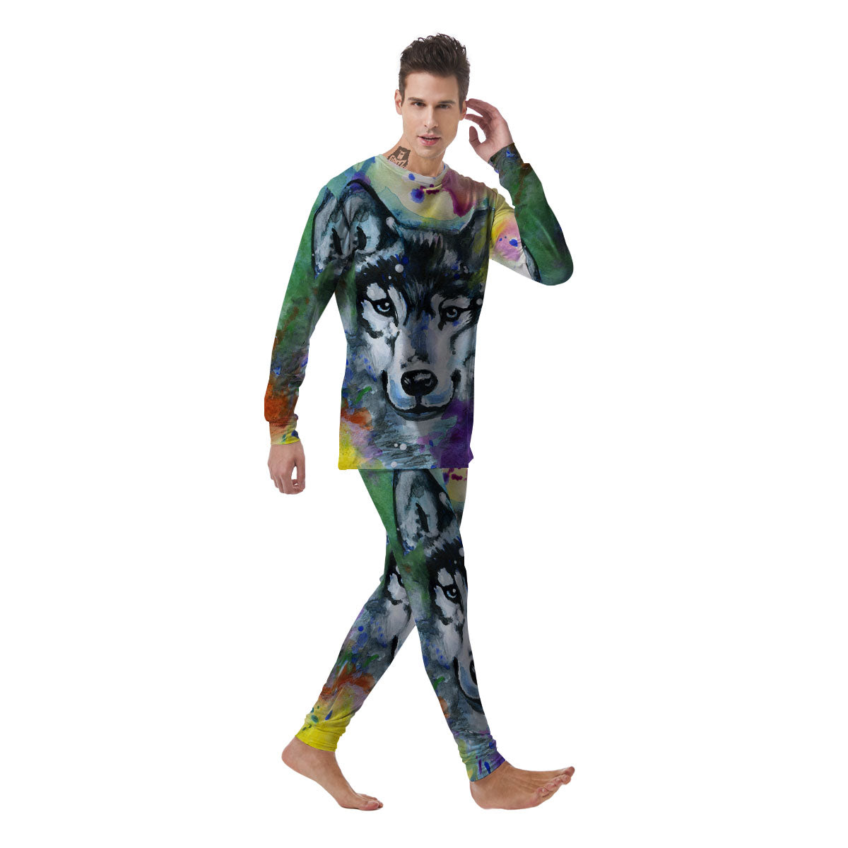 Portrait Wolf Watercolor Print Men's Pajamas-grizzshop