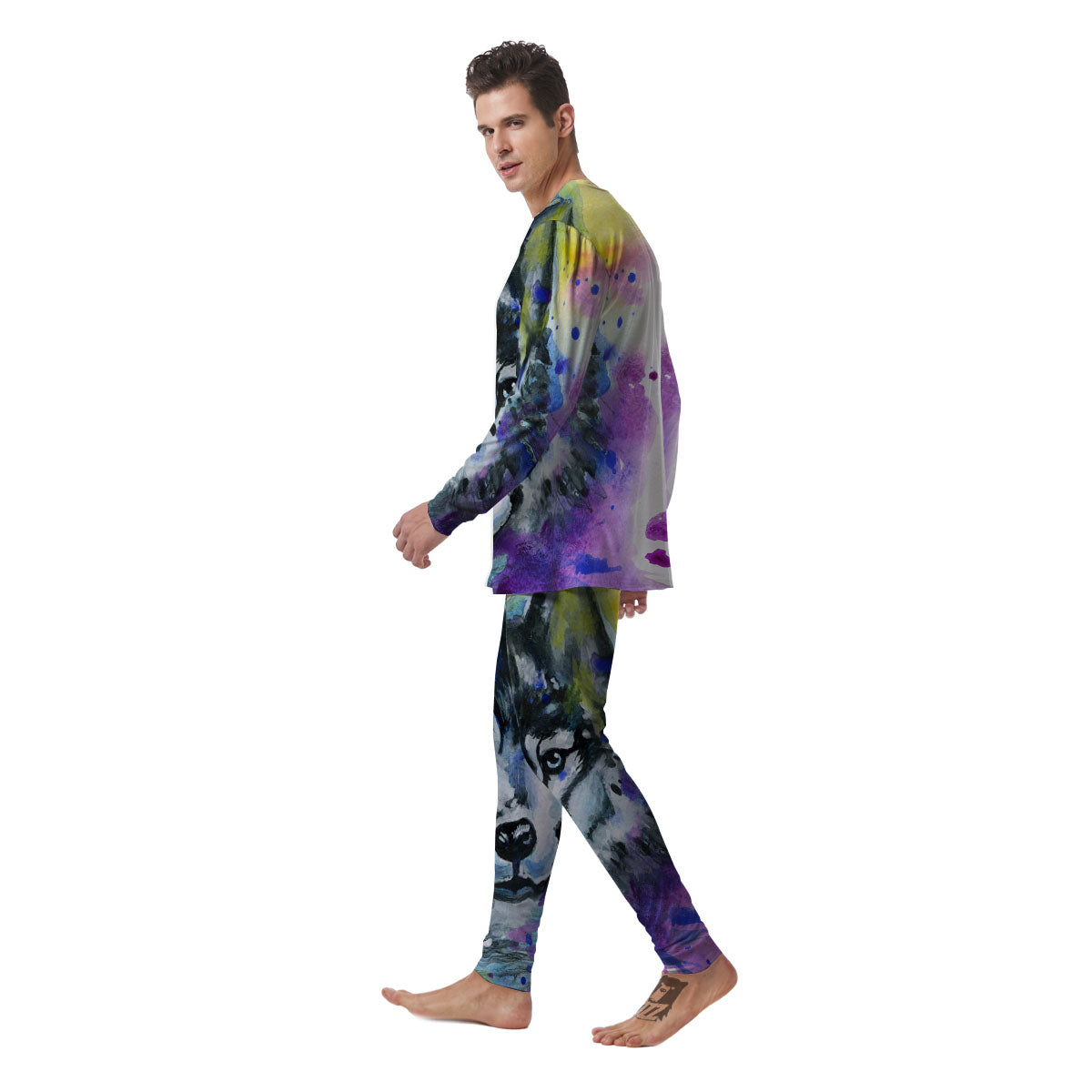 Portrait Wolf Watercolor Print Men's Pajamas-grizzshop