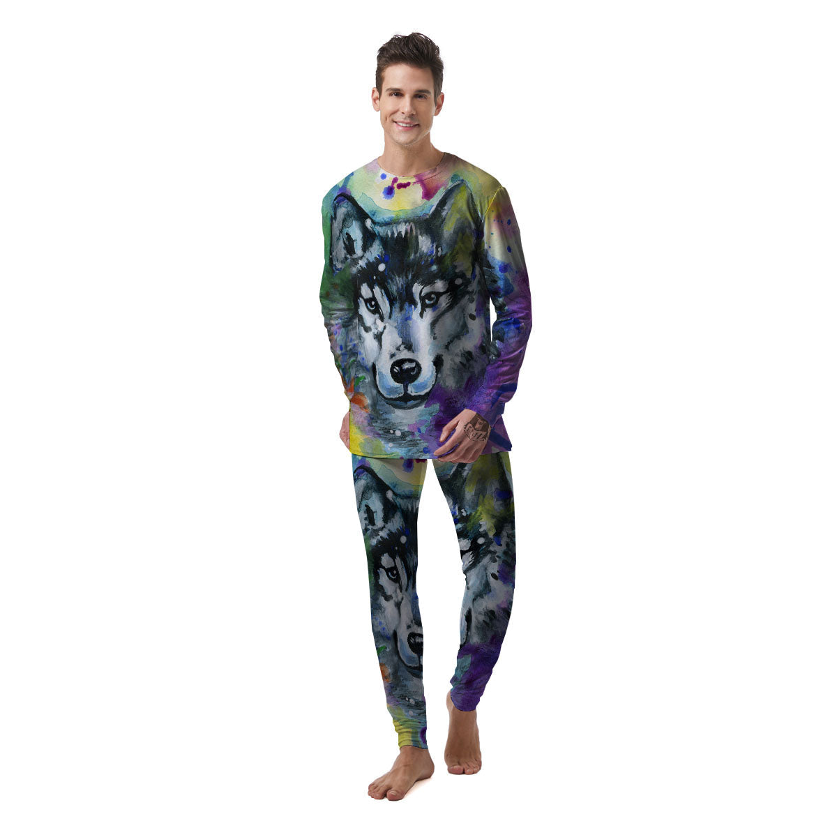 Portrait Wolf Watercolor Print Men's Pajamas-grizzshop