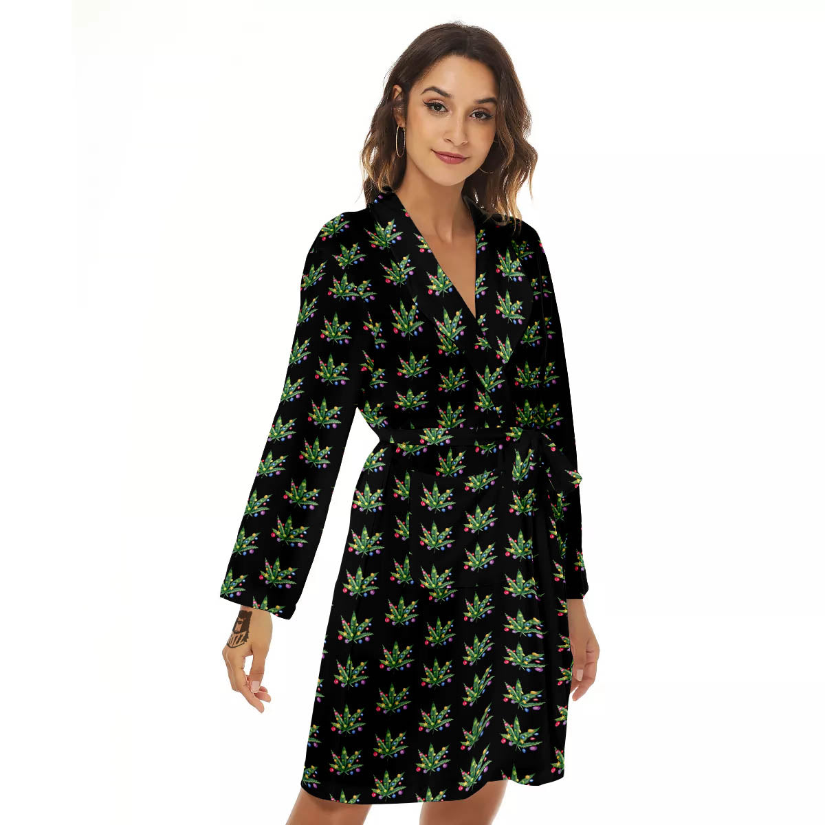 Pot Leaf Christmas Print Pattern Women's Robe-grizzshop