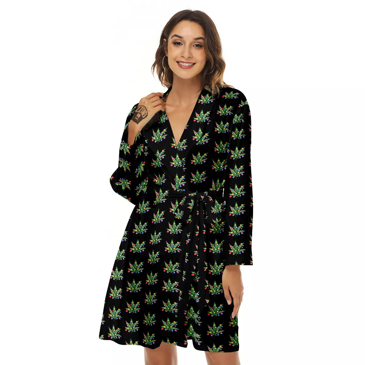 Pot Leaf Christmas Print Pattern Women's Robe-grizzshop