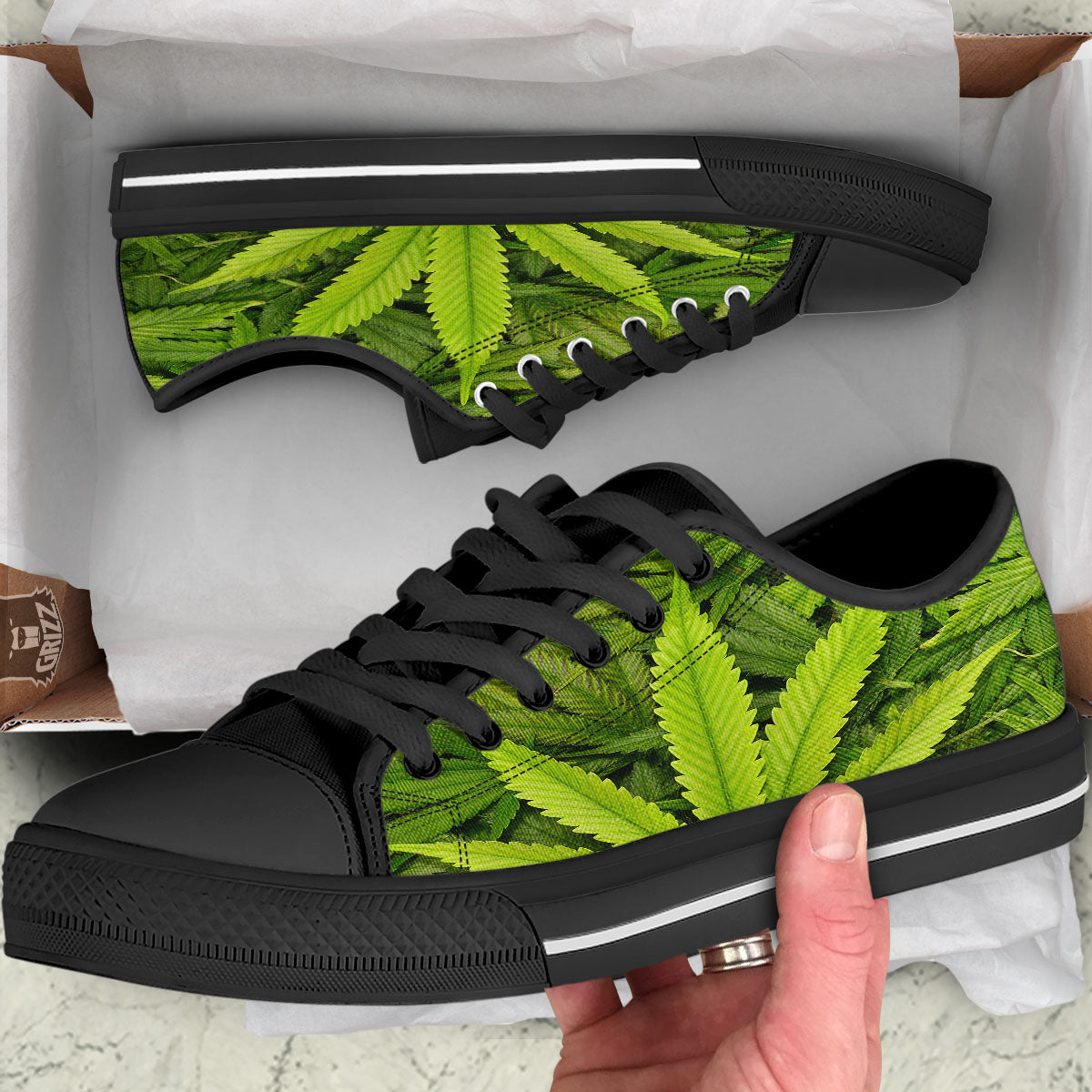 Pot Leaf Green Print Black Low Top Shoes-grizzshop