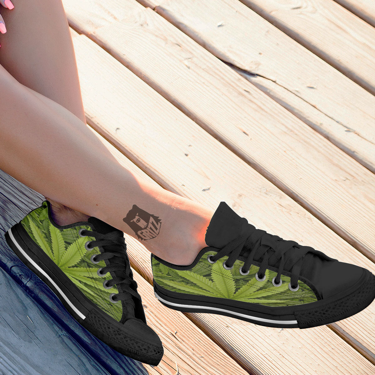 Pot Leaf Green Print Black Low Top Shoes-grizzshop
