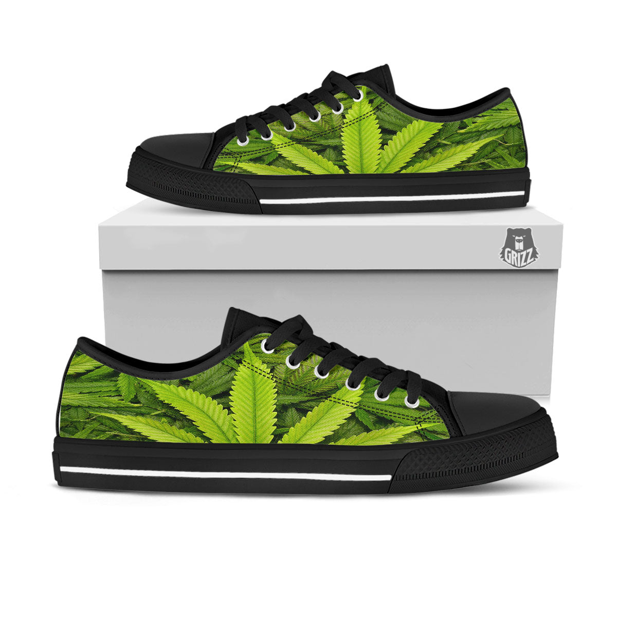 Pot Leaf Green Print Black Low Top Shoes-grizzshop