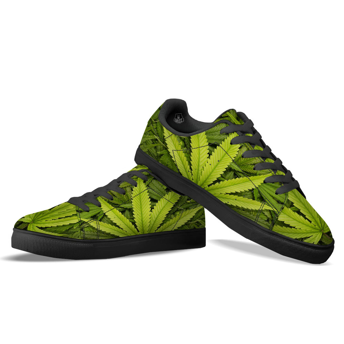 Pot Leaf Green Print Black Low Top Sneakers-grizzshop