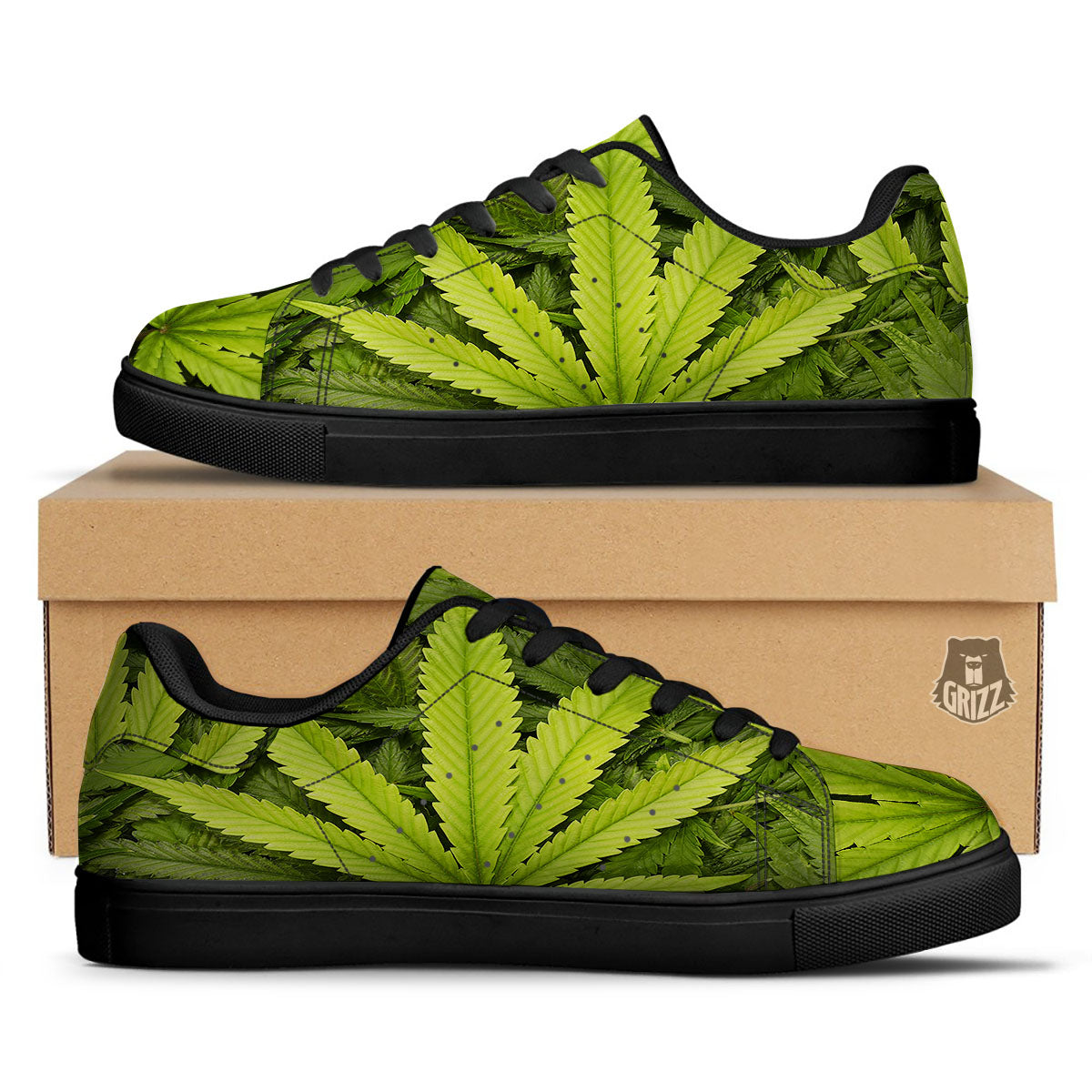Pot Leaf Green Print Black Low Top Sneakers-grizzshop