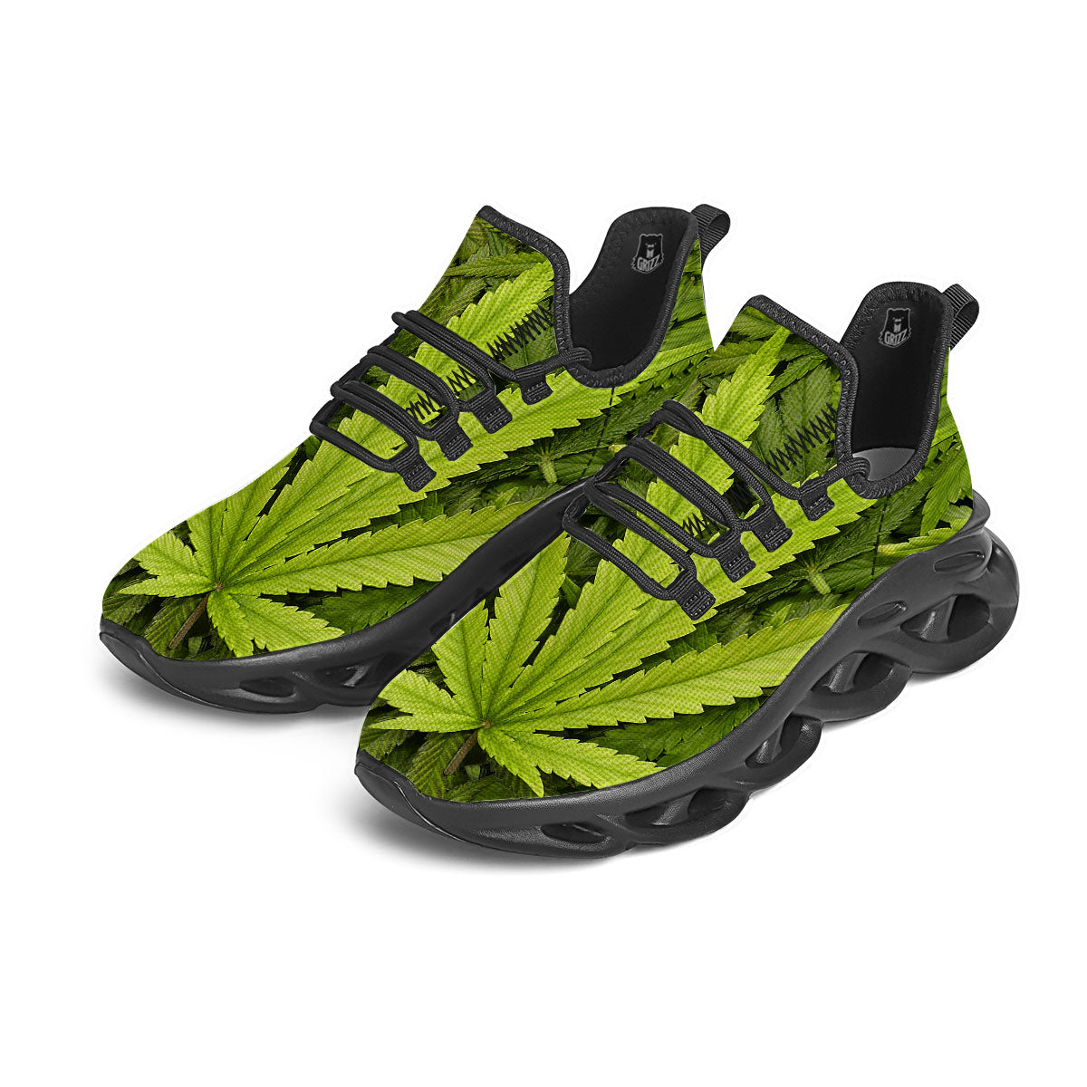 Pot Leaf Green Print Black Running Shoes-grizzshop