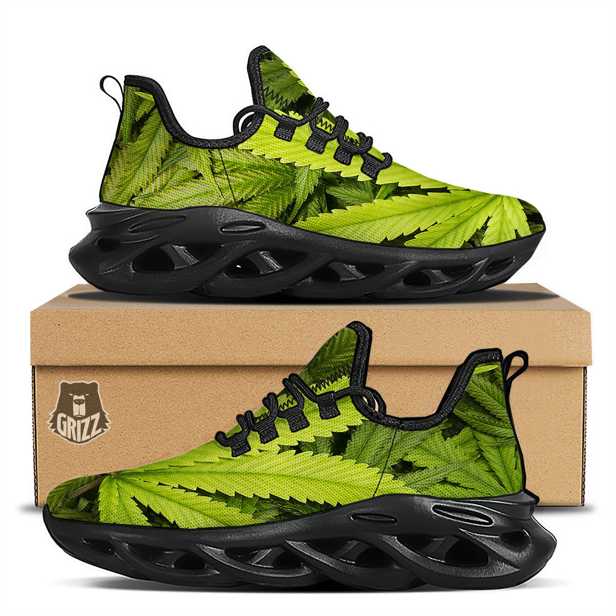 Pot Leaf Green Print Black Running Shoes-grizzshop