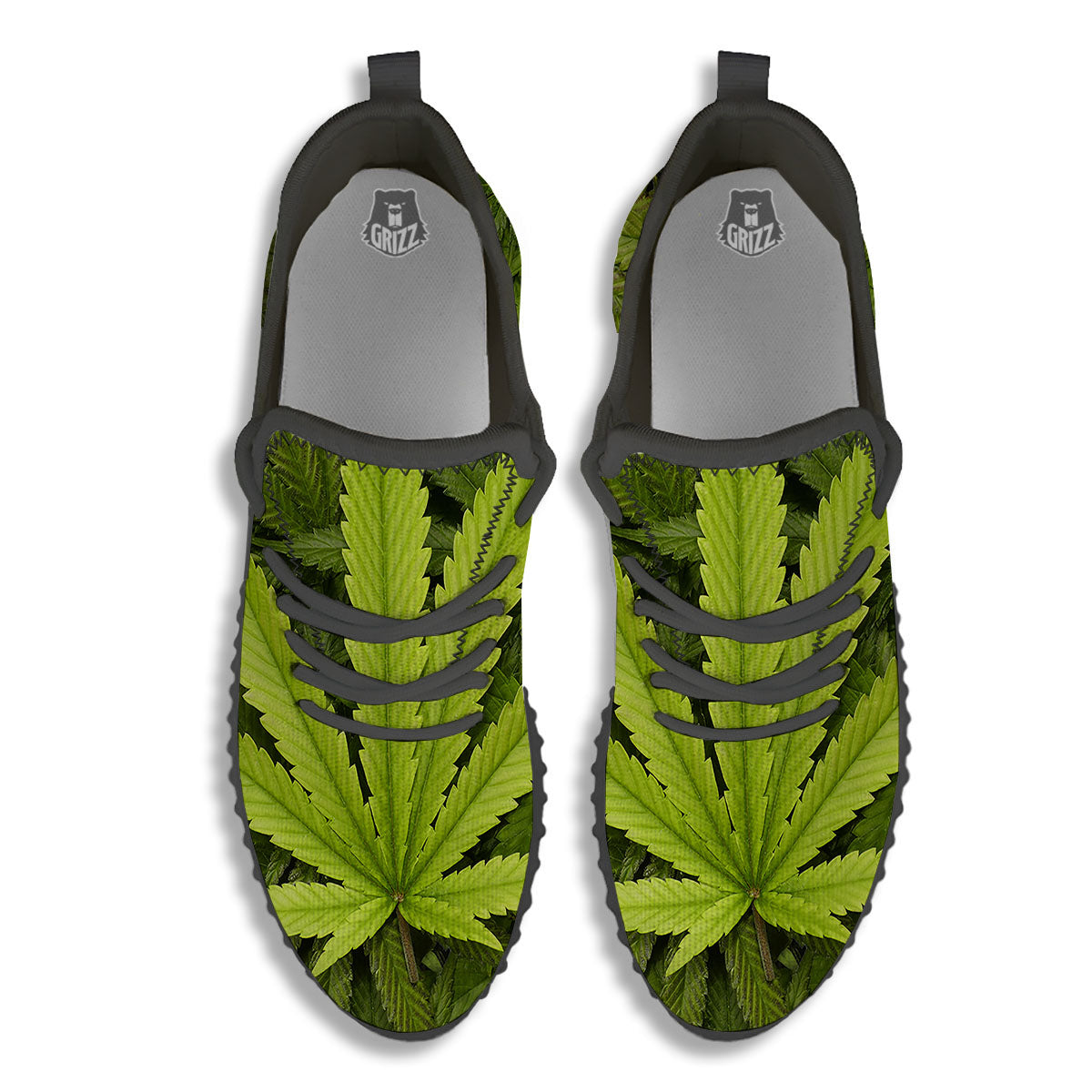 Pot Leaf Green Print Black Walking Shoes-grizzshop