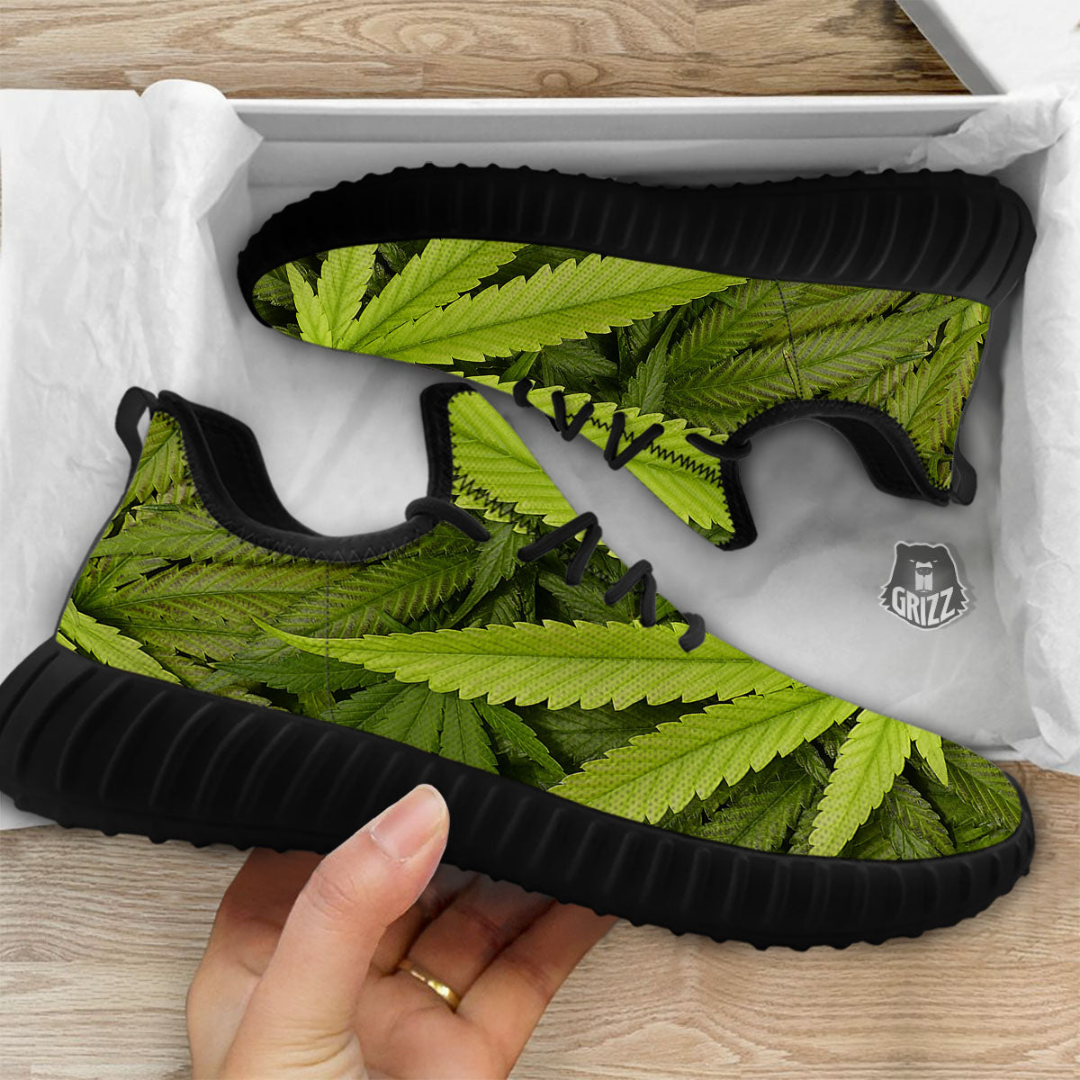 Pot Leaf Green Print Black Walking Shoes-grizzshop